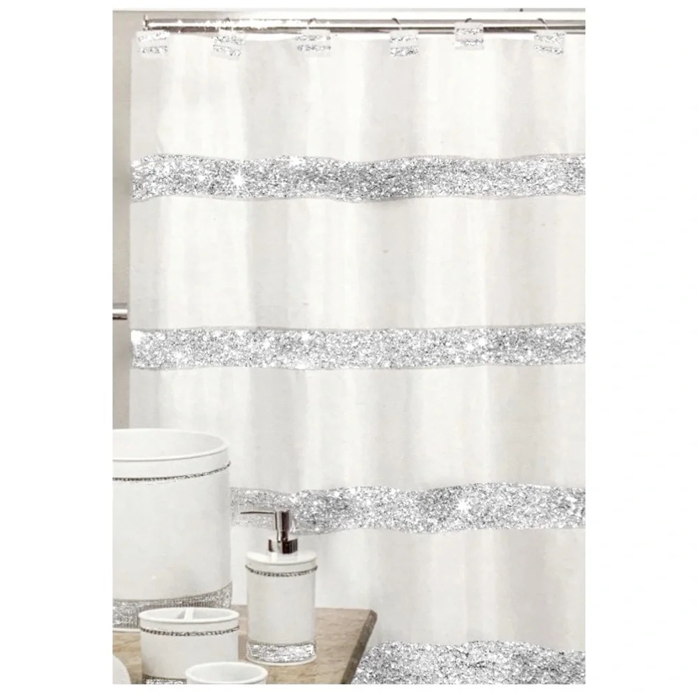 White Diamonds Shower Curtain Fabric Sparkling Rhinestones 72” x 72” White - Picture 1 of 14